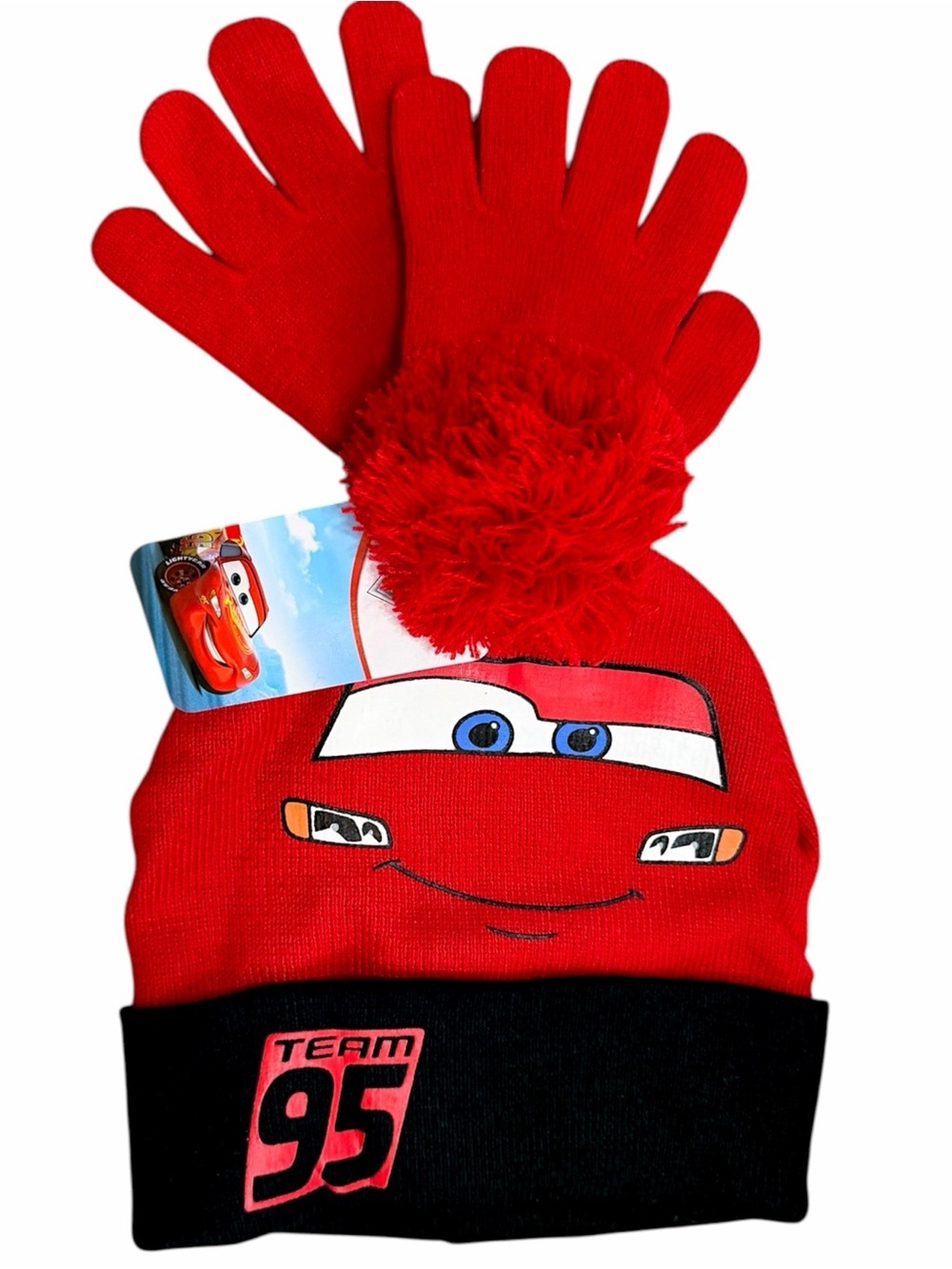 New Disney Red Lightning McQueen Beanie and Glove Set Little Boys One Size